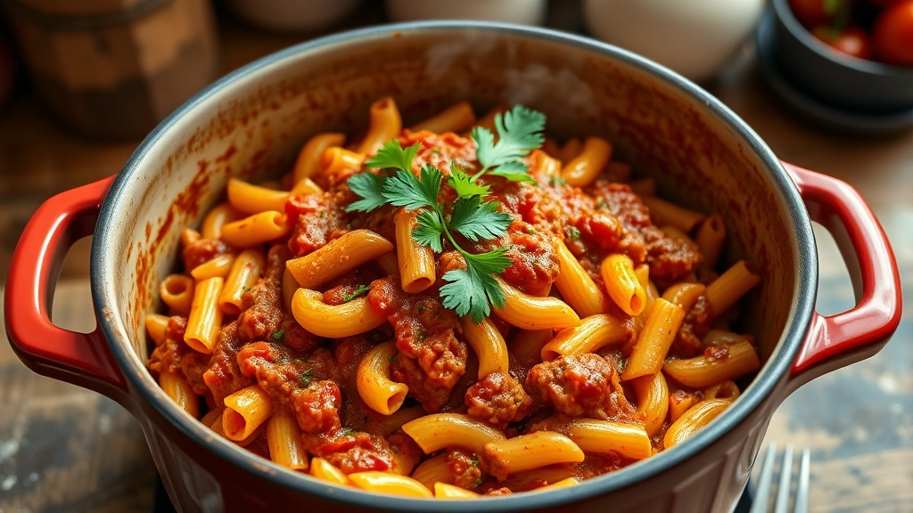 Wide shot of finished beefaroni in a large ceramic pot with elbow pasta, rich tomato sauce, and fresh parsley garnish, rustic kitchen counter background