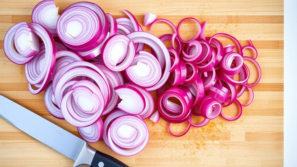 Overhead shot of fresh red onions sliced into thin rings on a wooden cutting board with a sharp knife nearby, bright natural lighting
