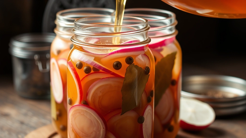 Hot golden-amber pickling brine being poured into glass jars filled with red onion rings and whole spices like peppercorns and bay leaves