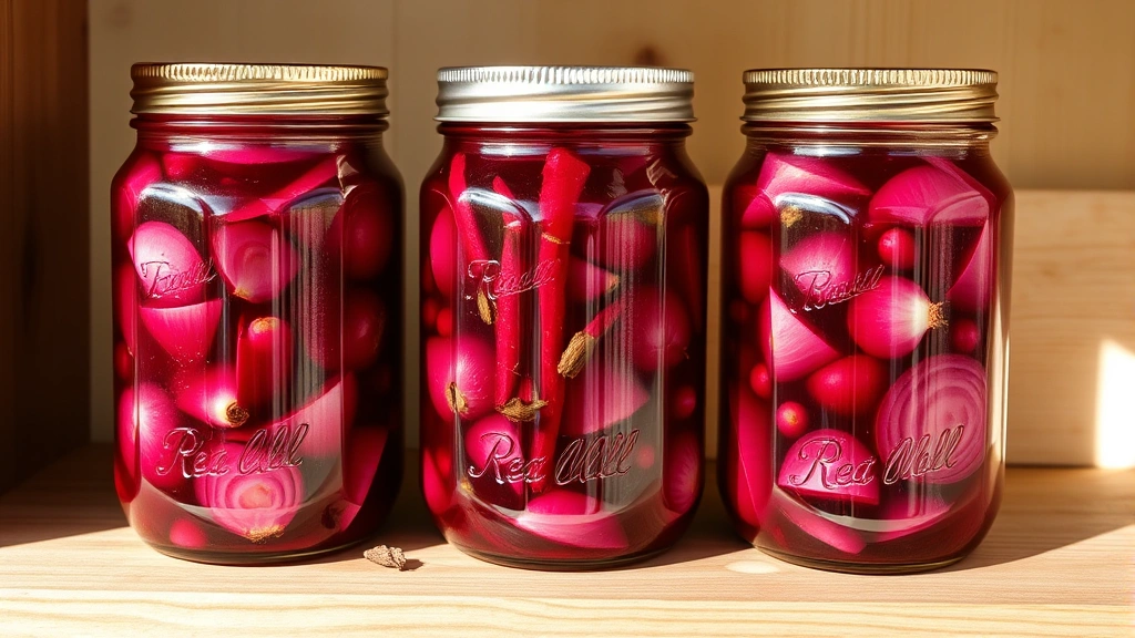 Three glass jars of finished pickled red onions with deep burgundy color, whole spices visible, arranged on a rustic wooden shelf in natural light