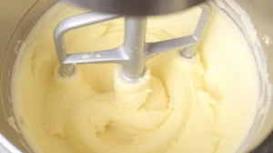 Close-up of pale, fluffy butter and sugar mixture in a stand mixer bowl, showing the creamed texture and increased volume, with mixer paddle visible