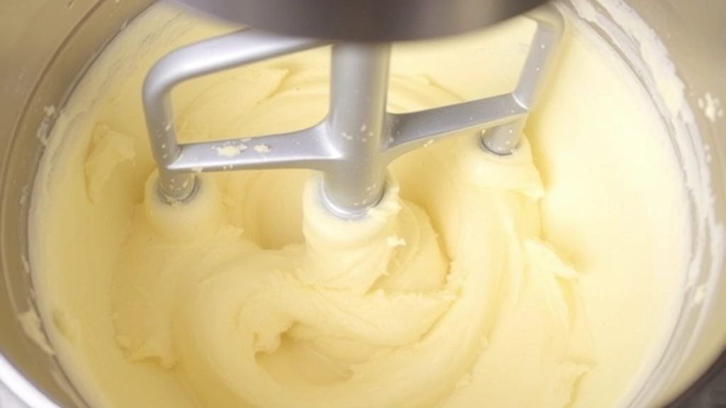Close-up of pale, fluffy butter and sugar mixture in a stand mixer bowl, showing the creamed texture and increased volume, with mixer paddle visible