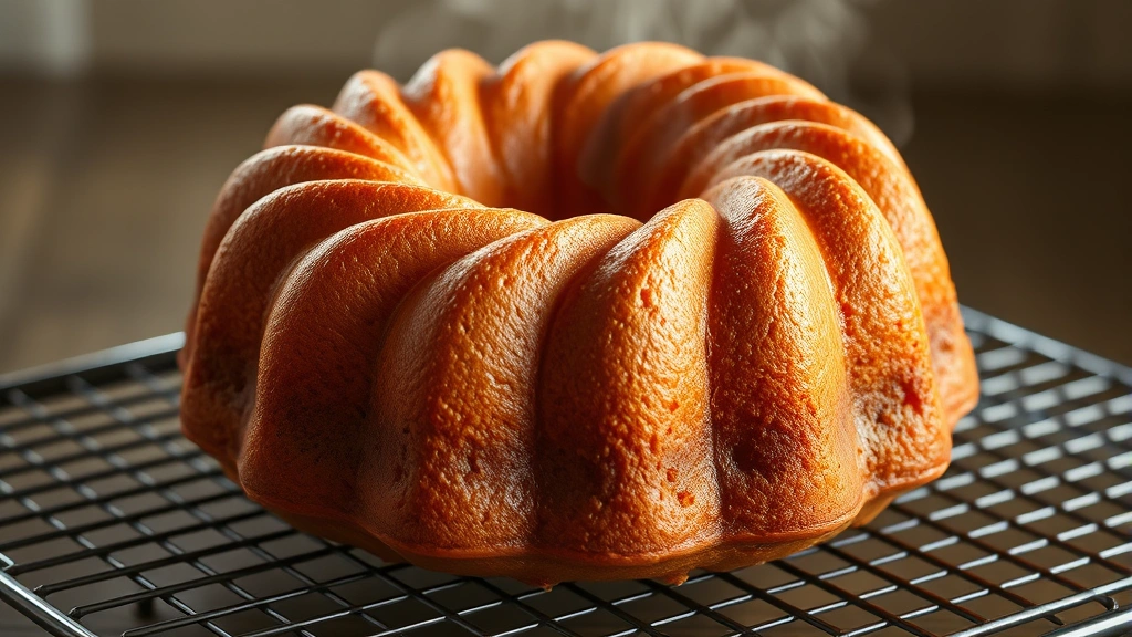 Golden-brown baked pound cake in a bundt pan, showing the perfect dome shape with even browning, placed on a cooling rack with steam rising