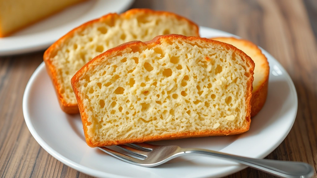 Freshly sliced pound cake revealing tender, fine crumb structure with even holes throughout, served on a white plate with a fork, showing the light golden interior color