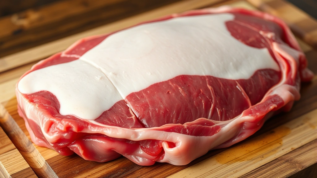 Close-up of raw whole packer brisket with white fat cap on wooden cutting board, fresh beef ready for trimming and smoking preparation