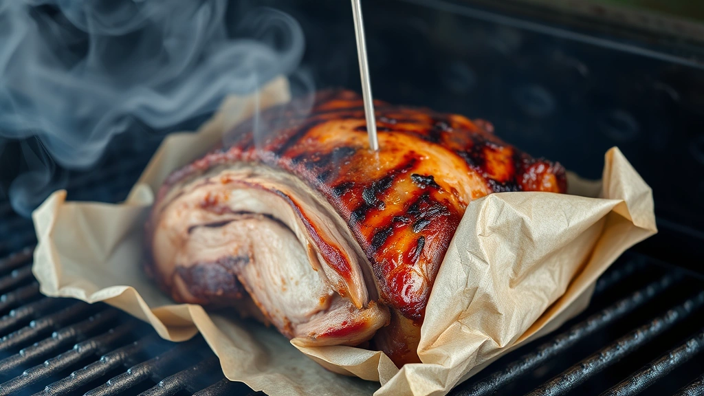 Smoked brisket wrapped in butcher paper with visible smoke and steam, mid-cooking stage during Texas crutch phase, showing meat thermometer inserted