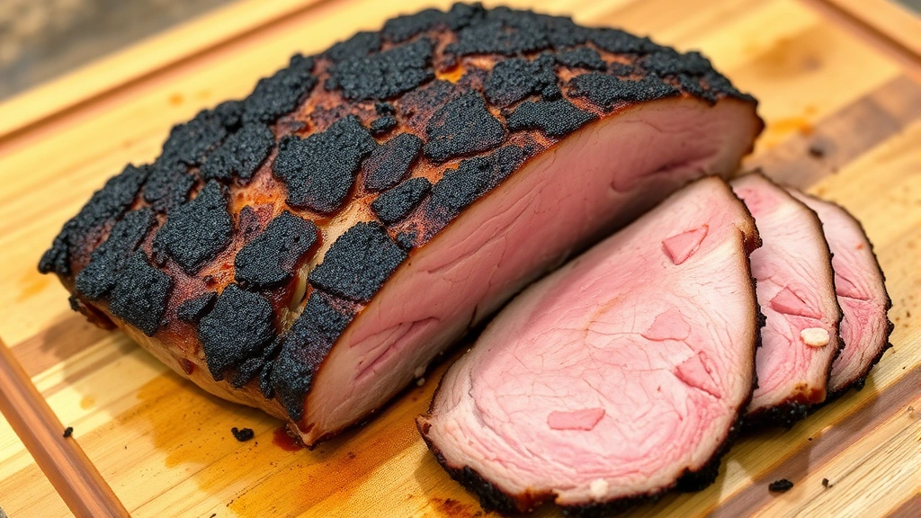 Perfectly sliced smoked brisket displaying dark bark exterior and pink smoke ring, with tender pink interior, sliced against the grain on cutting board
