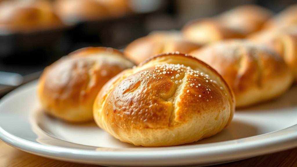 Golden-brown bierocks fresh from the oven on a white ceramic plate, showing the flaky pastry exterior and slightly steaming, with shallow depth of field focusing on the nearest bierock