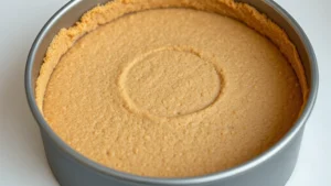 Golden-brown Biscoff cookie crust in a springform pan, showing texture and color, freshly pressed with even thickness