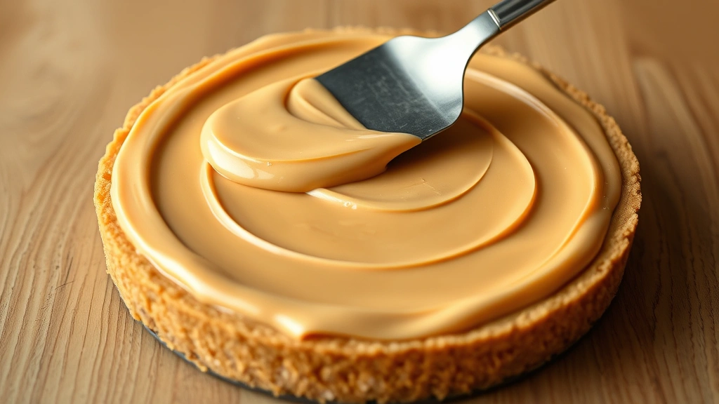 Creamy Biscoff cheesecake filling being spread smoothly over crust with offset spatula, showing rich caramel color and silky texture