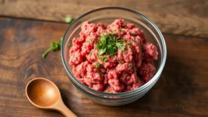 Raw ground bison meat in a clear glass bowl with fresh herbs scattered on top and a wooden spoon resting beside it on a rustic wooden table