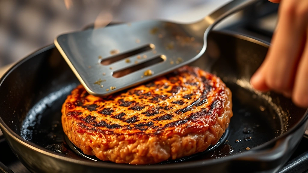 Golden-brown bison burger patty mid-flip on a hot cast-iron skillet with visible char marks and steam rising, chef's hand holding spatula visible