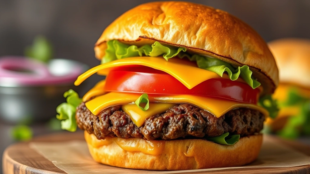 Fully assembled gourmet bison burger on a toasted brioche bun with melted aged cheddar cheese, crisp lettuce, thick tomato slice, and pickled red onions stacked neatly