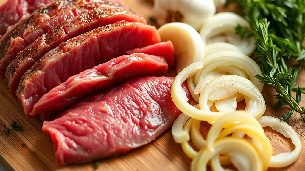 Close-up of thinly sliced raw beef sirloin on a wooden cutting board with fresh garlic cloves and sliced yellow onions arranged beside it, natural kitchen lighting