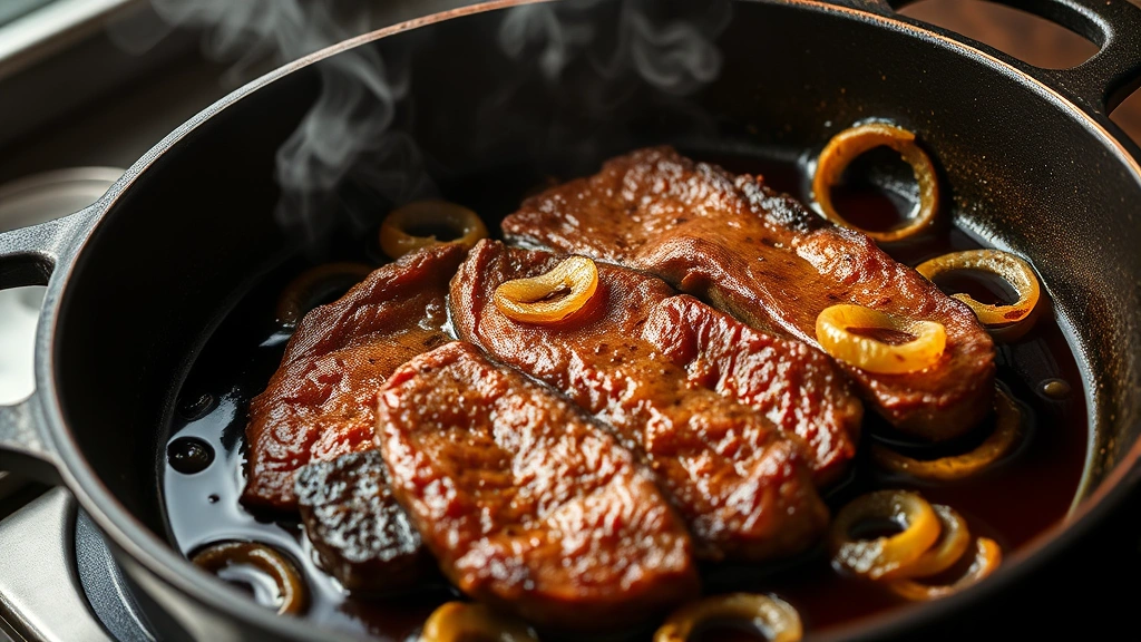 Golden-brown seared beef slices in a heavy cast iron pan with caramelized onion rings and glossy dark sauce, steam rising, shallow depth of field