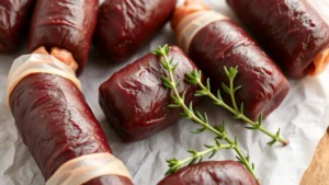Close-up of raw black pudding links in pork casings, showing deep burgundy color and natural casing texture, arranged on white butcher paper with fresh thyme sprigs beside them