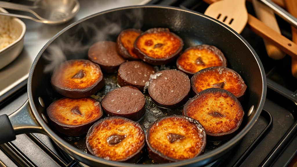 Pan-frying sliced black pudding rounds in cast iron skillet over medium-high heat, showing golden-brown crust forming on both sides with steam rising, surrounded by cooking utensils