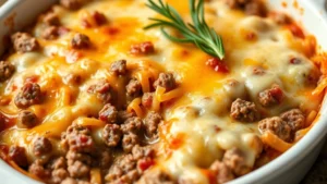 Close-up of creamy ground beef dip with melted cheddar and mozzarella cheese in white ceramic baking dish, steam rising, golden cheese top, fresh rosemary garnish
