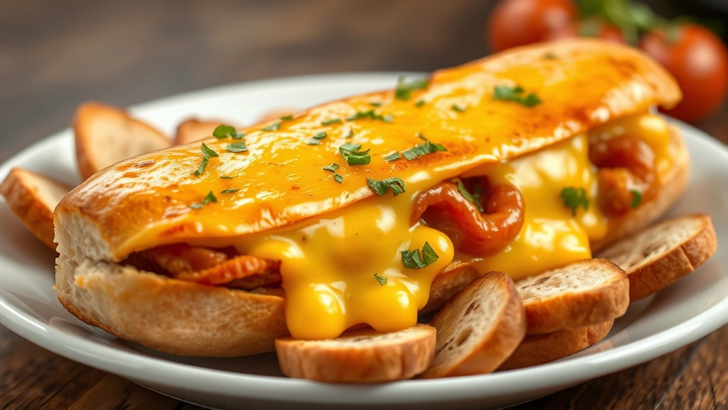 Appetizing boat dip served in hollowed submarine sandwich with golden melted cheese bubbling on top, surrounded by toasted bread slices and fresh ingredients