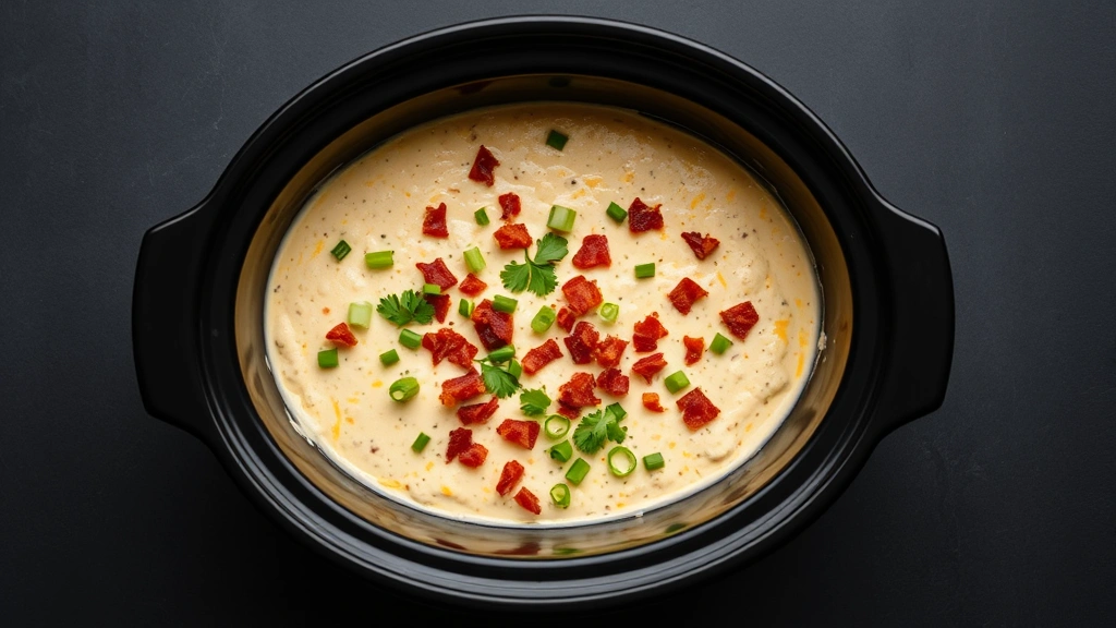 Overhead view of warm boat dip in slow cooker with creamy cheese mixture, garnished with crispy bacon bits, green onions, and fresh cilantro on dark surface