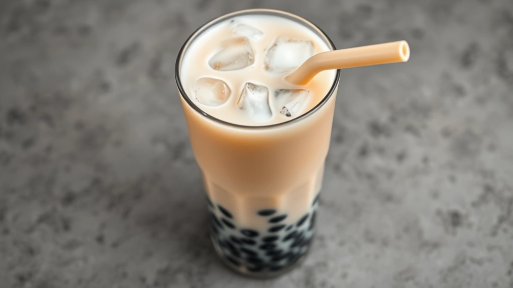 Overhead view of a tall clear glass filled with layers of iced boba tea, showing creamy milk tea, black tapioca pearls at bottom, ice cubes, wide boba straw inserted
