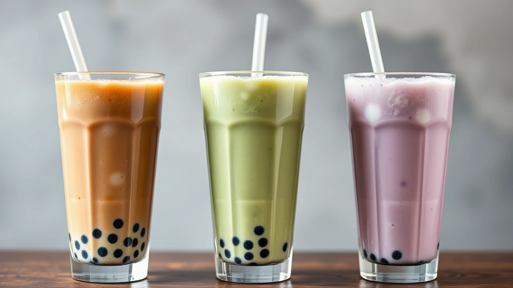 Artistic shot of three different boba tea drinks in tall glasses with various colors - traditional brown milk tea, matcha green tea, and taro purple tea, each with visible pearls and wide straws