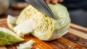 Close-up of fresh green cabbage head being sliced with sharp chef's knife on wooden cutting board, showing crisp layers and moisture, professional kitchen lighting, food photography style