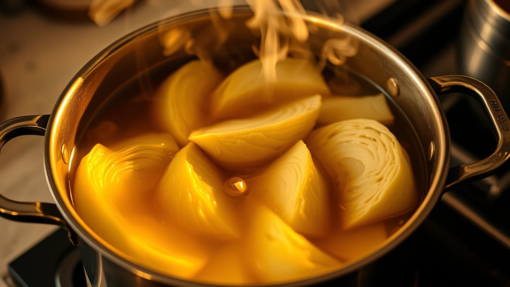 Pot of boiling water with cabbage wedges cooking, steam rising, golden lighting, showing tender cabbage pieces at different cooking stages, rustic kitchen setting