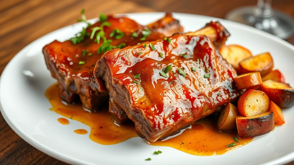 Golden-brown braised boneless pork ribs on white plate garnished with fresh herbs and sauce drizzle, side of roasted vegetables, elegant presentation