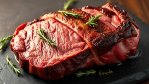 Beautiful boneless prime rib roast with perfect mahogany crust, fresh rosemary and thyme sprigs scattered on top, resting on dark slate with warm golden lighting