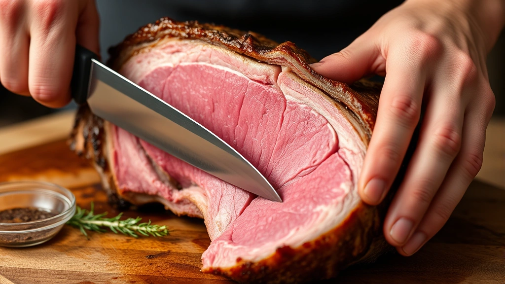 Hands using sharp carving knife to slice cooked boneless prime rib against the grain, showing perfect pink medium-rare interior with thin even slices slightly overlapping