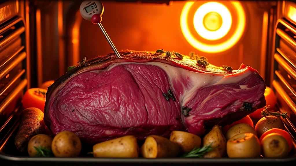 Boneless prime rib in low oven with meat thermometer inserted, surrounded by roasted root vegetables and herbs, warm oven glow visible through glass