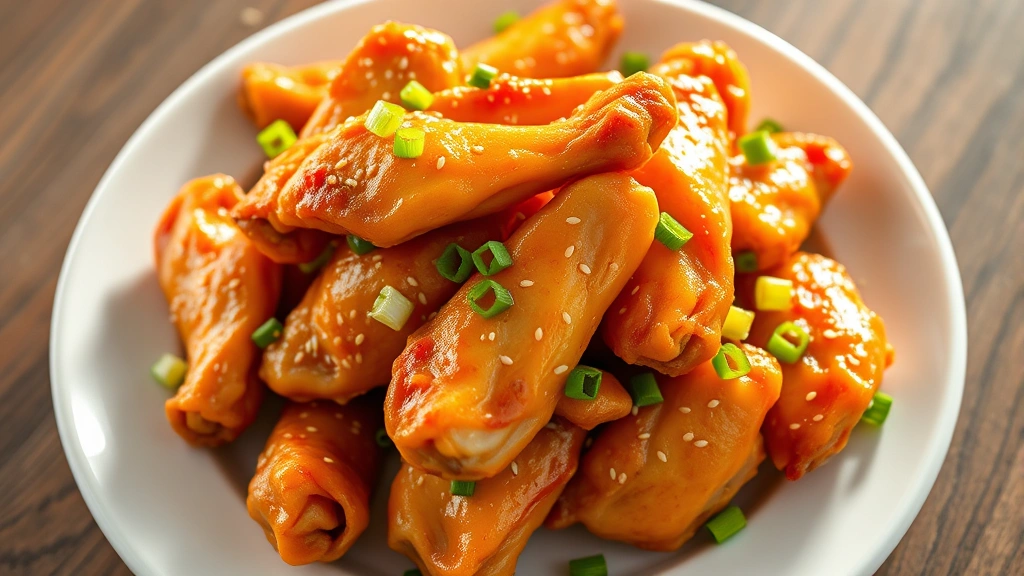 Golden-brown boneless chicken wings piled high on a white ceramic plate with steam rising, garnished with fresh green onions and sesame seeds, photographed from above with natural daylight