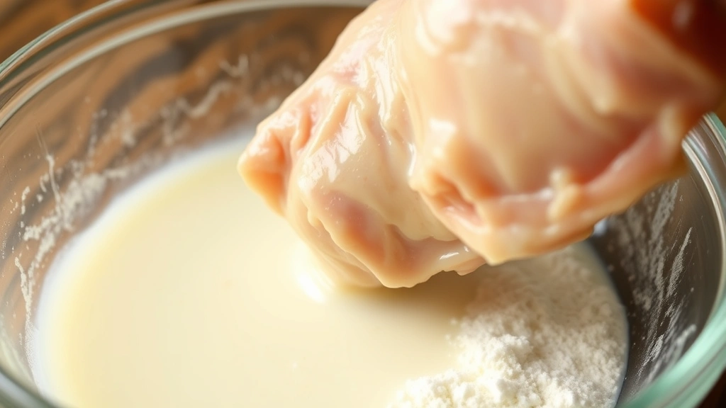Close-up of chicken piece being dipped into wet buttermilk mixture in a glass bowl, showing the coating process, with flour mixture visible in background bowl, shallow depth of field