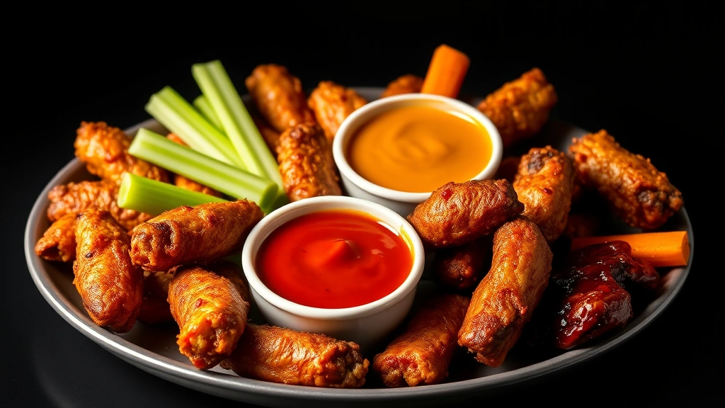 Platter of crispy boneless wings arranged artfully with three small bowls of different colored sauces (red buffalo, golden honey garlic, dark BBQ) and fresh celery and carrot sticks, warm studio lighting