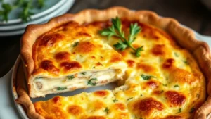 Golden-brown baked quiche with caramelized top in ceramic pie dish, fresh herbs garnish, slice partially removed showing creamy custard interior with cheese and vegetables