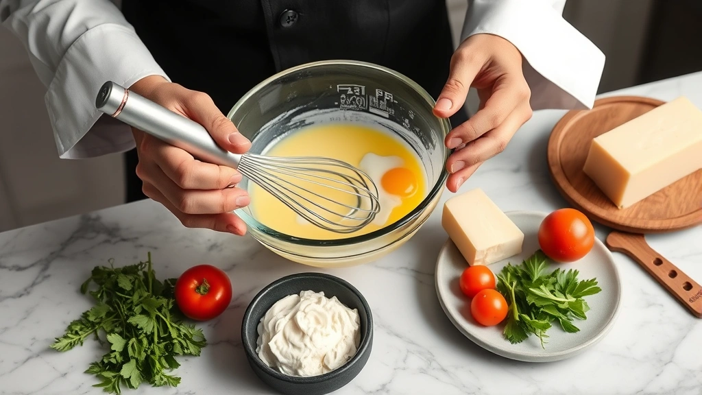 Chef whisking eggs and cream in glass bowl, room temperature ingredients arranged nearby including fresh herbs, gruyere cheese block, and prepared vegetables on marble countertop