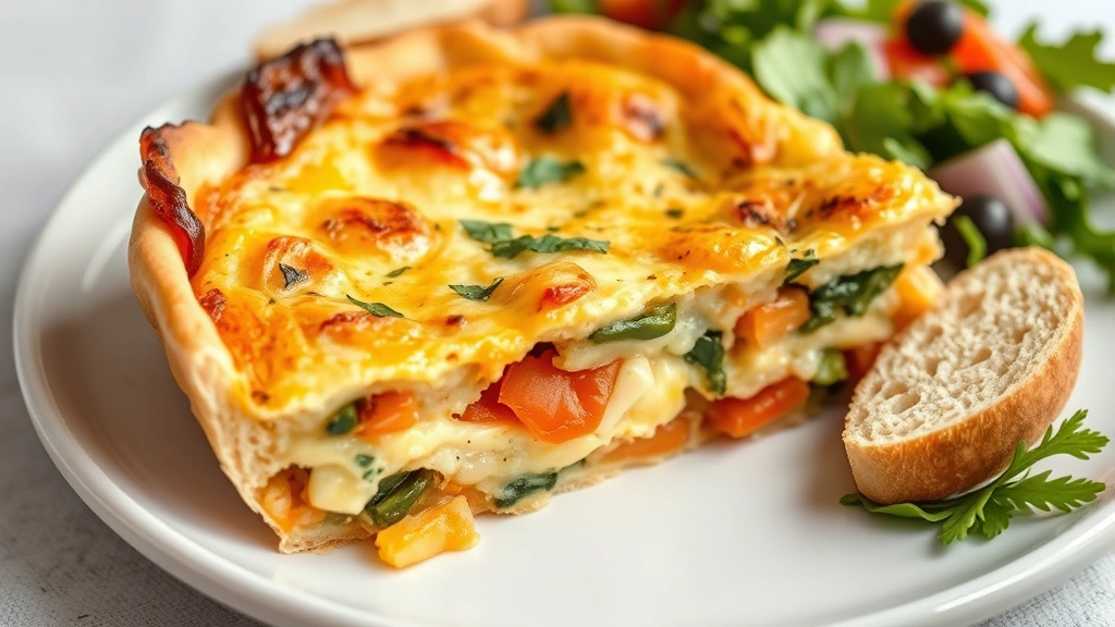 Cross-section of perfectly sliced quiche showing layers of custard, melted cheese, roasted vegetables and herbs, served on white plate with fresh salad and crusty bread