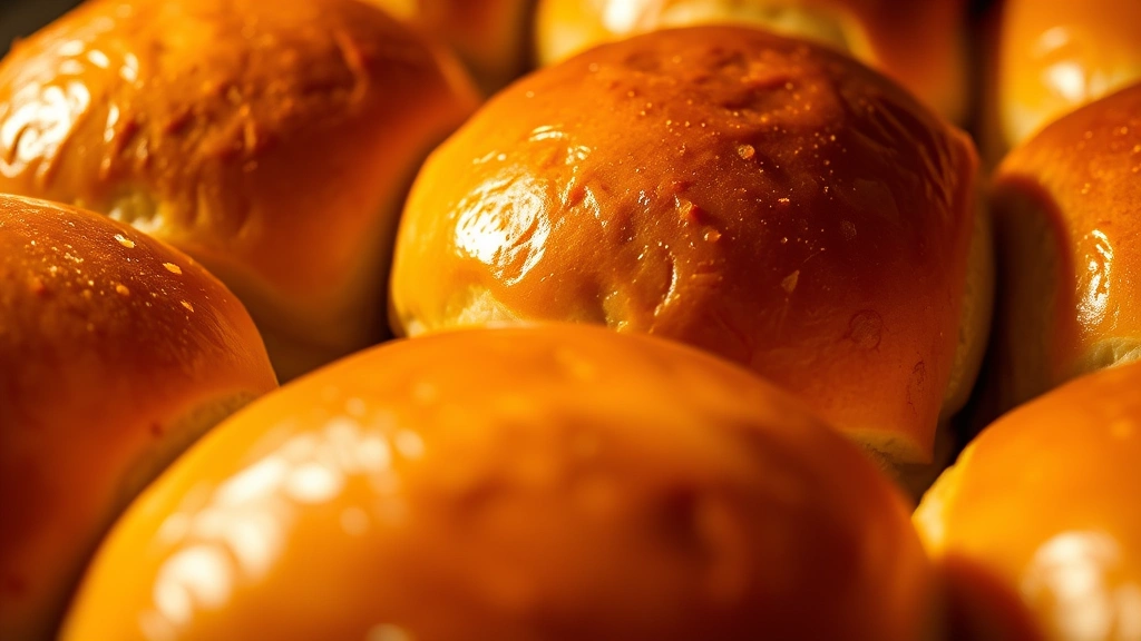 Close-up of perfectly golden-brown brioche buns fresh from oven with glossy egg wash finish, showing tender crumb texture, steam rising, artisan bakery style lighting