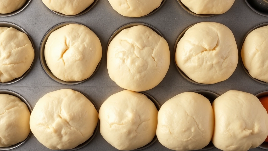 Overhead shot of twelve shaped brioche buns in muffin tin during final proofing stage, showing puffy risen buns with slight indentations, warm bakery aesthetic