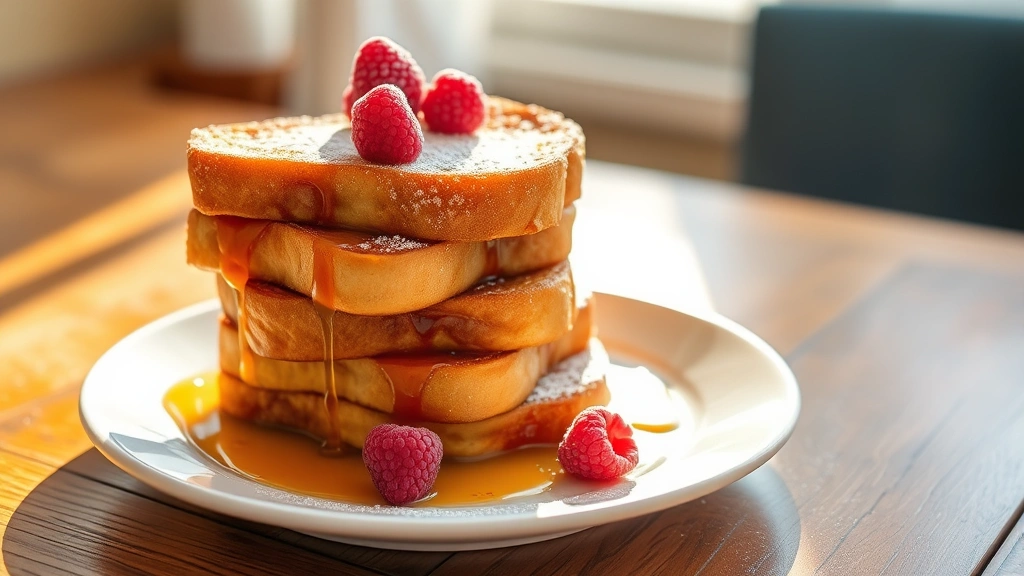 Golden-brown brioche French toast slices stacked on white plate, syrup drizzling down sides, fresh raspberries and powdered sugar scattered on top, warm morning sunlight streaming across wooden table