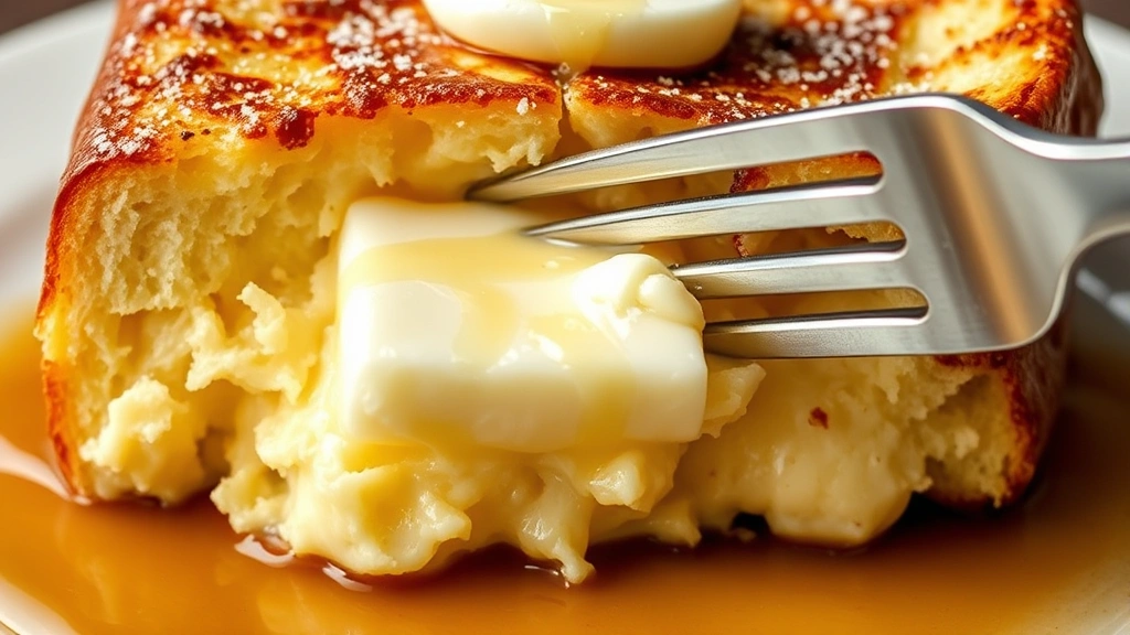 Close-up of fork cutting into thick brioche French toast slice, revealing custardy creamy interior with golden exterior, steam rising gently, melting butter visible on surface, maple syrup pooling around edges