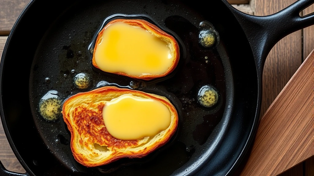 Overhead shot of cast-iron skillet with brioche French toast cooking, butter foaming, golden crust forming on bottom slice, raw custard-dipped slice waiting to cook, wooden spatula visible at edge of frame