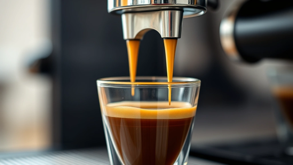 Close-up of freshly pulled espresso shots with golden crema layer in a small glass cup, warm steam rising, professional espresso machine in soft background