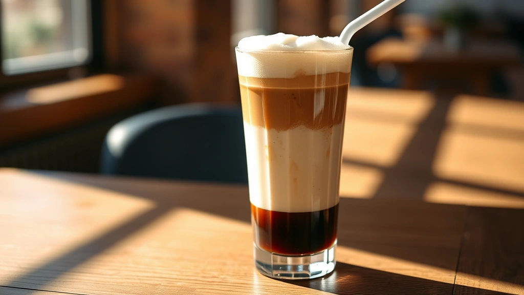 Finished brown sugar shaken espresso in tall glass with distinct layers visible - dark brown syrup at bottom, creamy milk in middle, fluffy foam on top, served with wide straw, afternoon sunlight streaming across wooden table