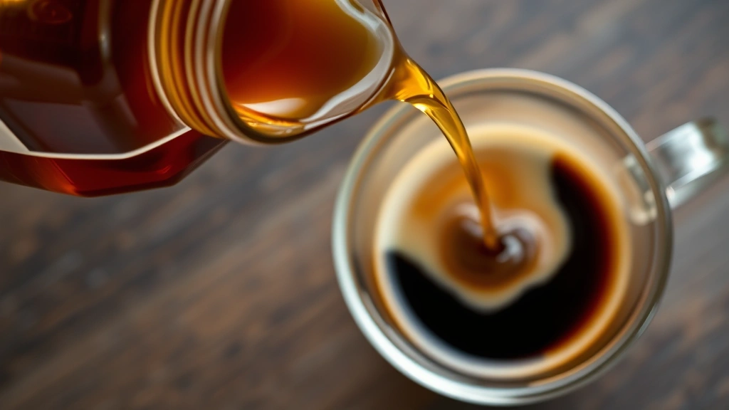 Overhead shot of brown sugar syrup being poured from a glass jar into a clear coffee cup containing espresso and milk, golden liquid flowing smoothly