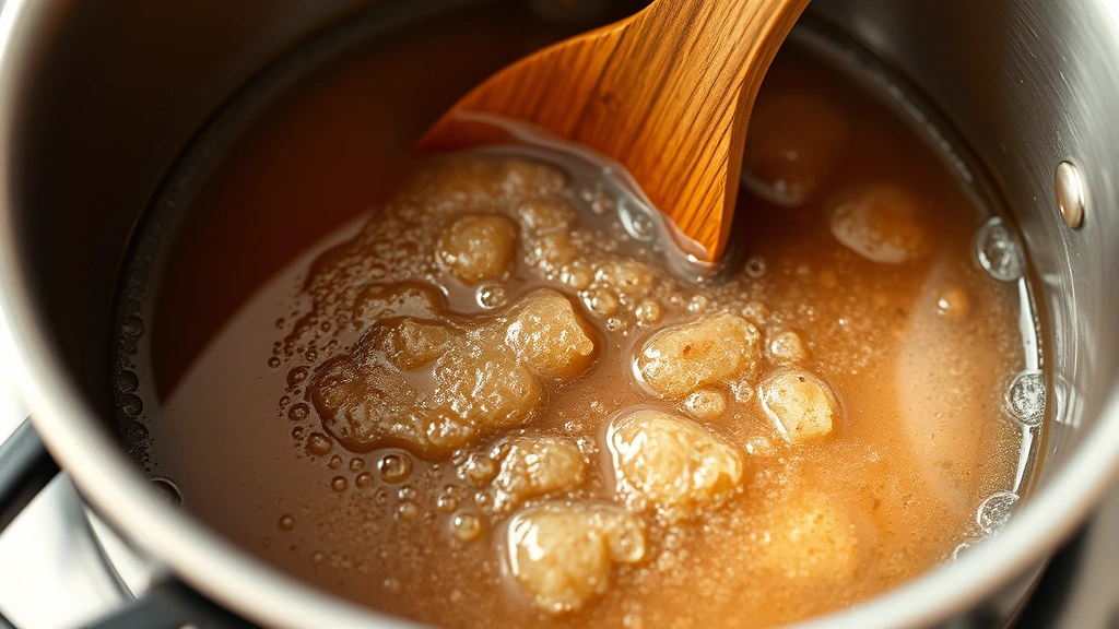 Close-up of simmering brown sugar and water in a stainless steel saucepan on stovetop, tiny bubbles forming at edges, wooden spoon visible