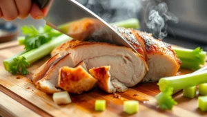 Close-up of perfectly cooked golden-brown chicken breast being sliced on a wooden cutting board with fresh celery stalks nearby, steam rising from the warm meat, natural kitchen lighting highlighting the juicy texture