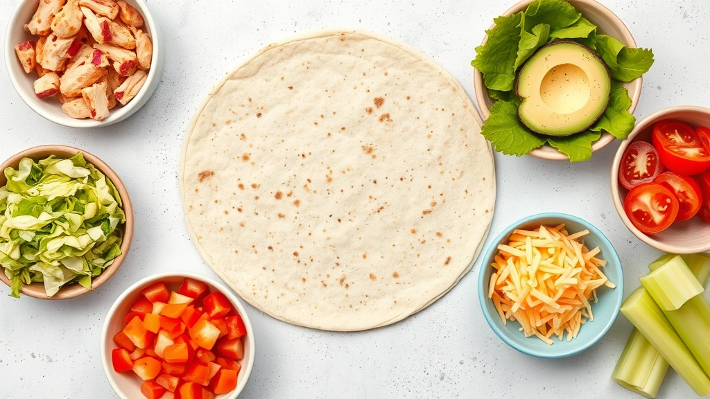 Vibrant overhead flat lay of fresh buffalo chicken wrap ingredients arranged in small bowls: shredded lettuce, diced tomatoes, sliced avocado, shredded cheese, and celery sticks with a warm flour tortilla in the center