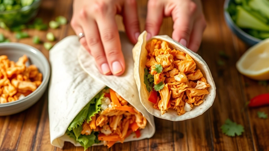 Hands assembling a buffalo chicken wrap showing the layering process with shredded buffalo chicken, fresh vegetables, and toppings visible inside a partially rolled flour tortilla, warm and inviting presentation